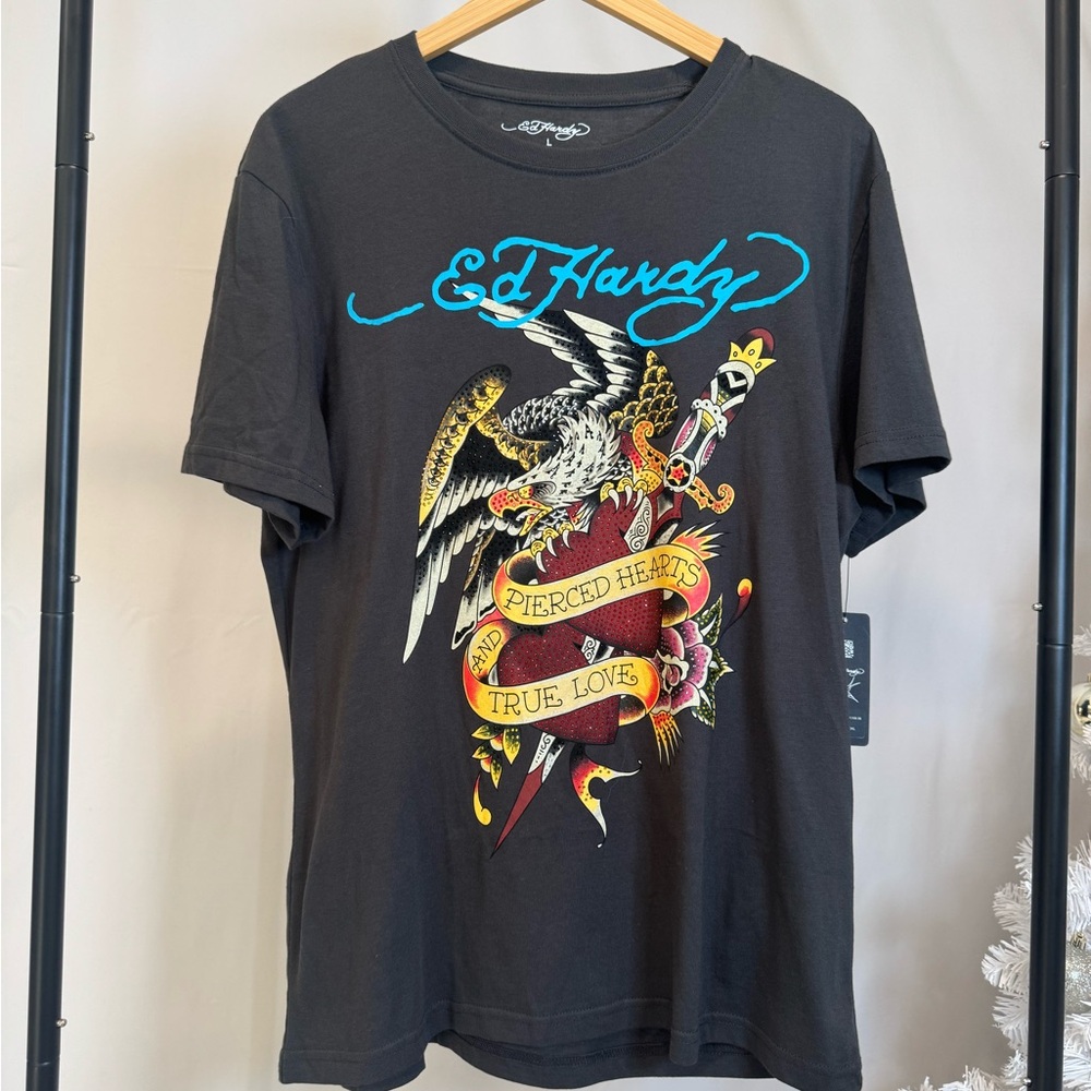 Ed Hardy Charcoal Tee with Colorful Graphic